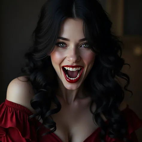 ((masterpiece、highest quality、Super fine、High resolution、photorealistic、sharp focus、cinematic lighting))、((1 female、bust shot))、Beautiful female vampire portrai mouth is wide open, revealing very long fangs.、Crystal amethyst eyes、red lips、pale face、long wa...