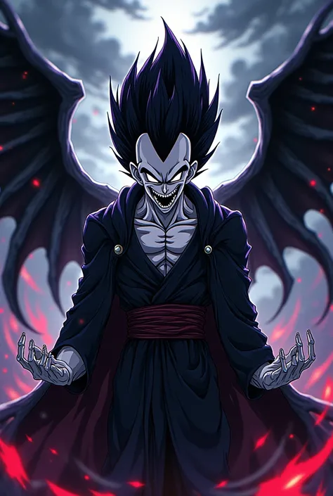 Create an anime cartoon of the character Vegeta from Dragon Ball using the costume of the character Ryuk, o Shinigami do anime Death Note. 