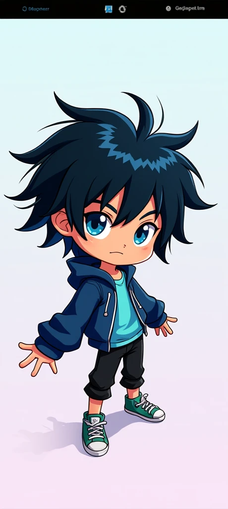 Generate an adolescent boy , with dark blue hair with blue eyes ,  wearing a light blue shirt and wearing a dark blue jacket almost black with knee-cut black pants and violent green sneakers.