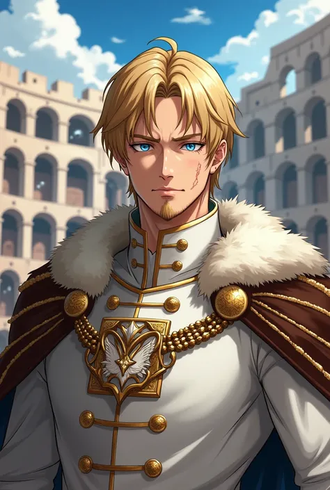 A man with short blonde hair exuding an air of superiority, wearing elegant white noble attire adorned with medals and a fur-lined brown cape. His face bears subtle scars, enhancing his proud, serious expression. He has piercing blue eyes, a well-groomed b...