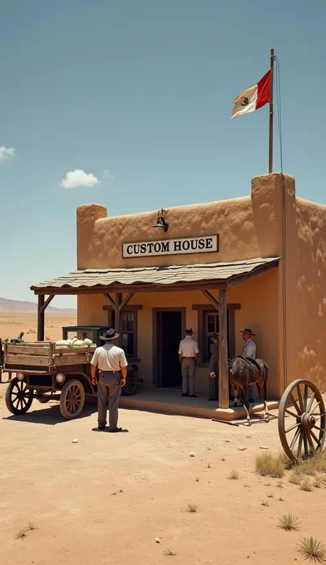  An adobe customs house located in the vast desert landscape of Chihuahua in the early 20th century ,  building built with thick adobe walls and wooden beams , customs officers wearing period uniforms ,  hats and leather belts inspecting a vintage car load...