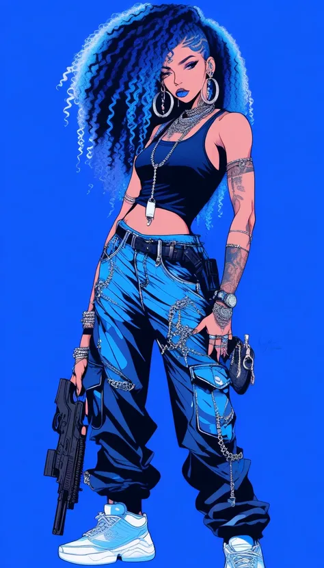 Illustrator, realistic,sketch , 1 person, Beautiful, georgeous Girl, she is a gang member, thin earrings , lip, baggy pants, black tank-top, big bling-bling, Blue gradient background, Neon curly Hair , she is standing with a gun in hands, pose sexy, Textur...