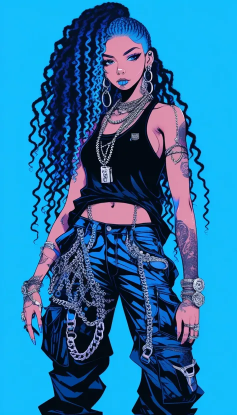 Illustrator, realistic,sketch , 1 person, Beautiful, georgeous Girl, she is a gang member, thin earrings , lip, baggy pants, black tank-top, big bling-bling, Blue gradient background, Neon curly Hair , she is standing with a gun in hands, pose sexy, Textur...