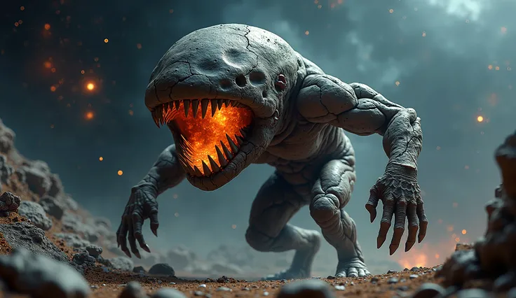 A humanoid figure with a rocky, planet-like head floating in the depths of space. Its head is smooth and spherical, resembling a cracked moon, with no visible snout or traditional facial features, but a gaping mouth filled with jagged, stone-like teeth. In...