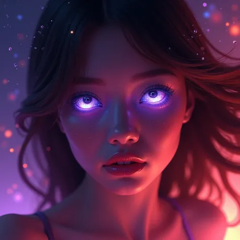 A highly detailed and cinematic digital artwork of a young woman with striking, luminous eyes reflecting a cosmic scene. The image is infused with vibrant purples and reds, creating a mysterious and fiery atmosphere. Her face is illuminated by the glowing ...