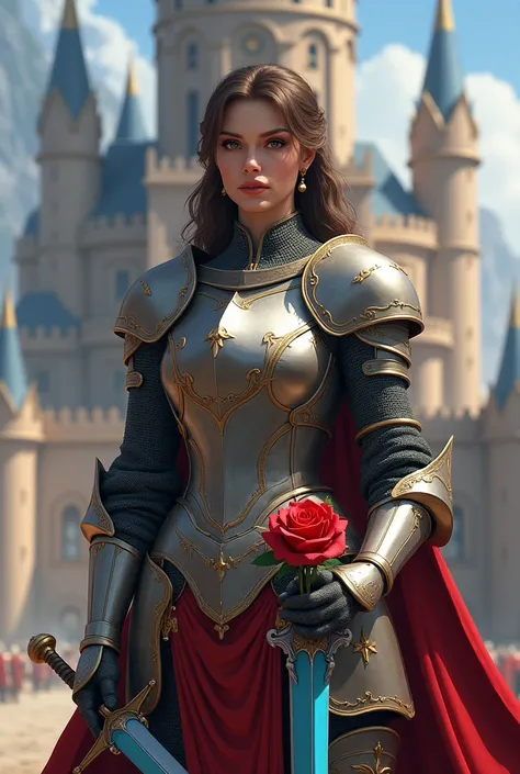 Make brown light skin women knight holding a blue sword to her side and her other hand as one red rose to her side and with a gold and blue Castle 