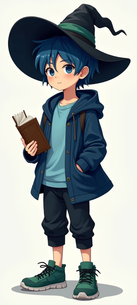 Generate an adolescent boy ,With dark blue hair with blue eyes wearing osculus ,  wearing a light blue shirt and wearing a dark blue jacket almost black with knee-cut black pants and violent green sneakers,  on her head a witchs hat and holding a book.