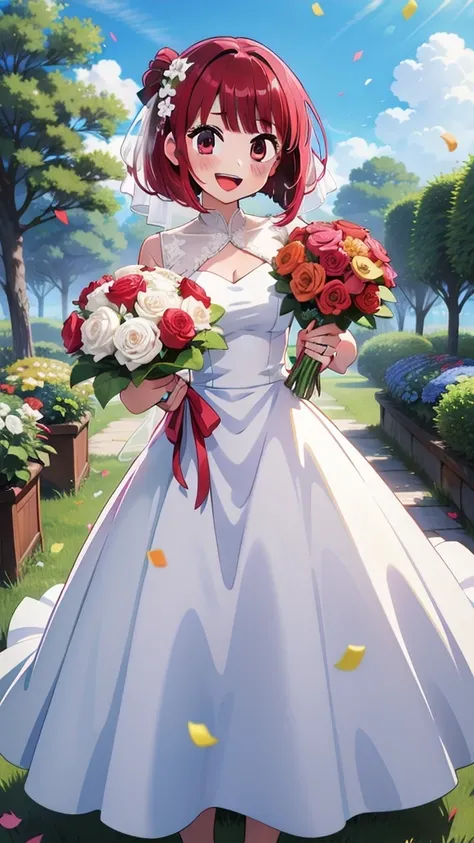 masterpiece, best quality, highres, aakana, aakana, short hair, red eyes,wedding dress, white dress, garden, holding bouquet, smile, open mouth, confetti,