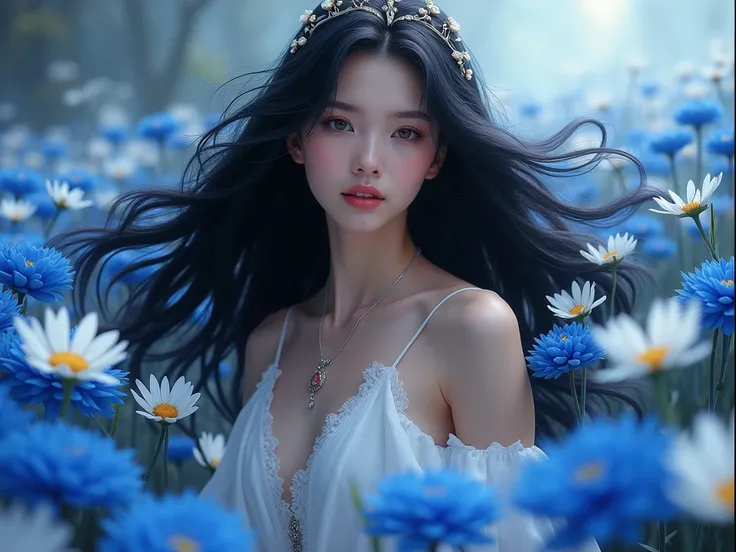 A  BLACK-HAIRED PRINCESS POURED BLUE WITH WHITE FLOWERS set against a backdrop of magical flower fields