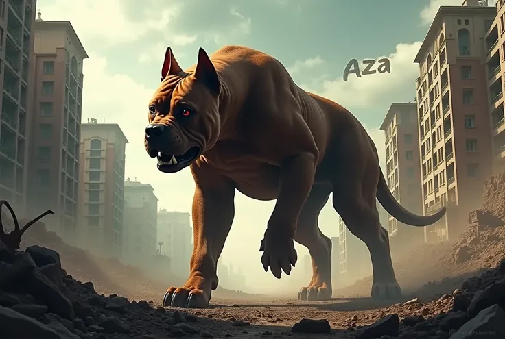 Un américan staffordshire terrier brun en géant avec des yeux rouge marchant dans une ville en décombres. Il est écrit « AZA » dans le ciel
