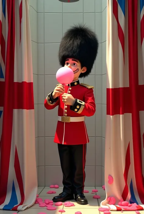 A royal guard from London , Disney Pixar style, making bubble gum ,  bathing in the shower , with the box curtain  ,  made of the flag of England, open 
