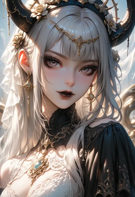 A highly detailed hyperealistic photograph depicting a fantastical mythic scene in Fanmytwor style. A mythical female humanoid creature with a striking, gothic-fantasy appearance. Her skin is pale, accentuating her dramatic makeup, which includes heavy bla...