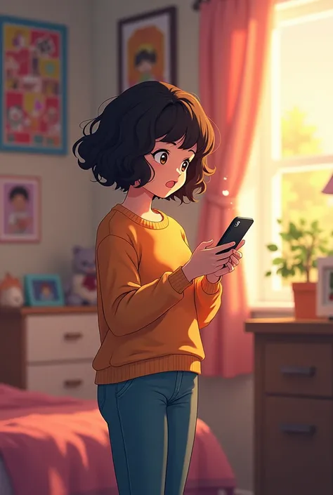 Girl with short curly hair ، little fat , tight pants in dormitory , texting to crush with in anime style