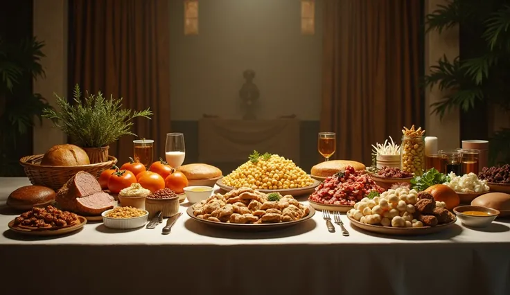 A 4K cinematic table layout displaying foods considered clean and unclean in biblical tradition