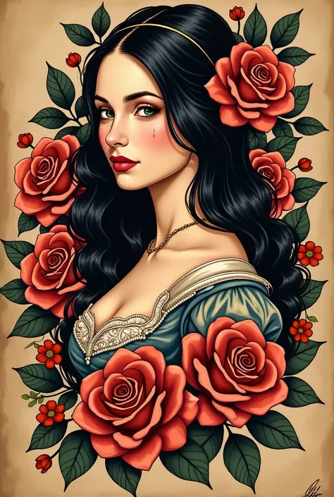 Create an art in the old-school tattoo style of a Renaissance woman with several roses