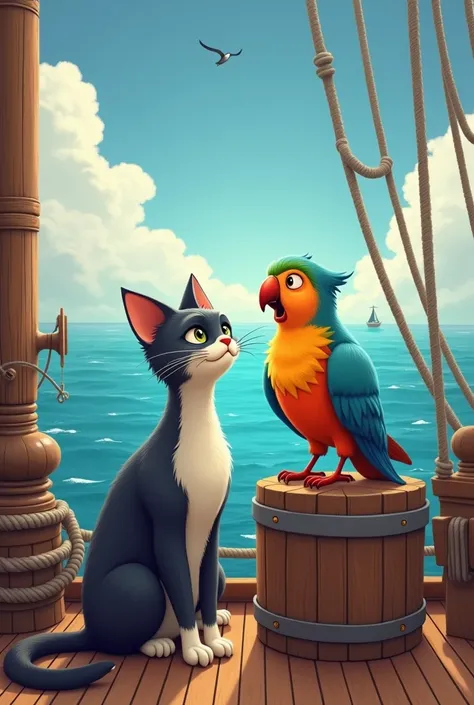 A cat and a bird, on a ship at sea 