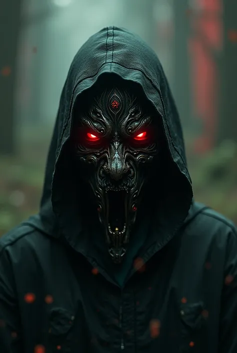 ** Character Description :**
 An enigmatic character whose face is completely covered by a terrifying mask .  This mask has an intricate pattern ,  with dark and sinister details that evoke intrigue .  The characters eyes are the only visible part ,  shini...