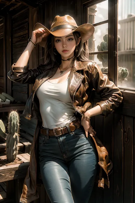 masterpiece,  Top Quality,  Best Quality Images,  high resolution,  Realistic Photos , RAW photos,  Dynamic Photos  (  cowboy, hat,  leather jacket ,  Hand Guns , Shooting Guns , , boots,  Western Life , outside , cactus, desert)