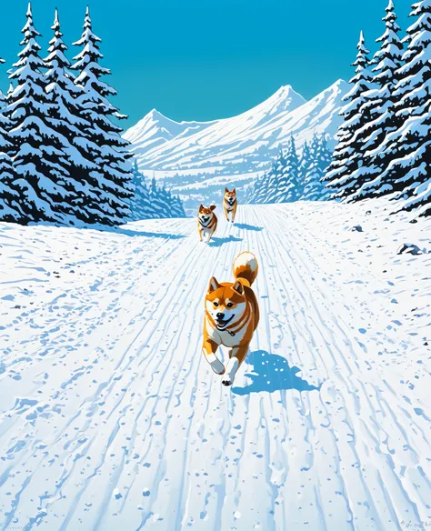  Lisa Keen-style Shiba Inu by Emmanuel Siu and Alena Aenami,  Tintins adventurous taste 、Artistic painting、Snow Scene、Running、Parent and  Shiba Inus