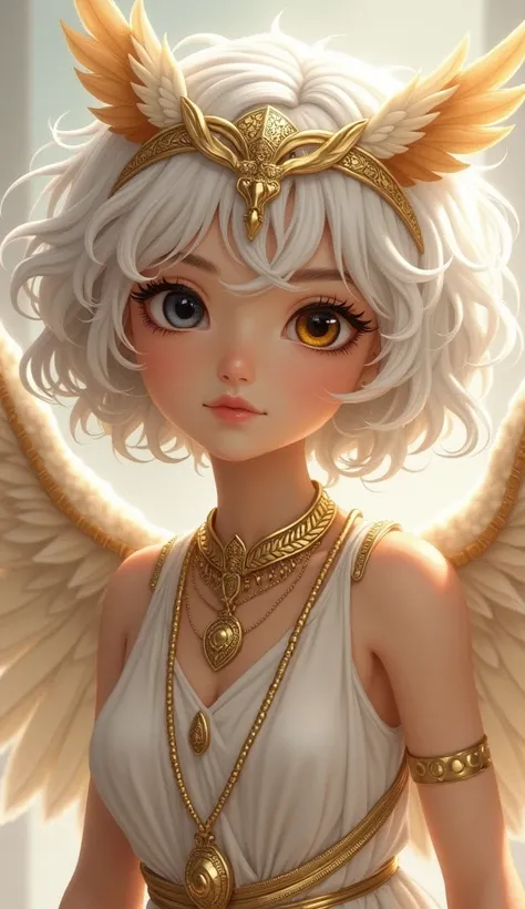  Girl with short white and curly hair ,  with features and wings of an owl in the color beige ,  and have feathers on the head the same color as the wings, like owl ears , eyes with heterochromia,  The right pupil is black and the left pupil is yellow like...