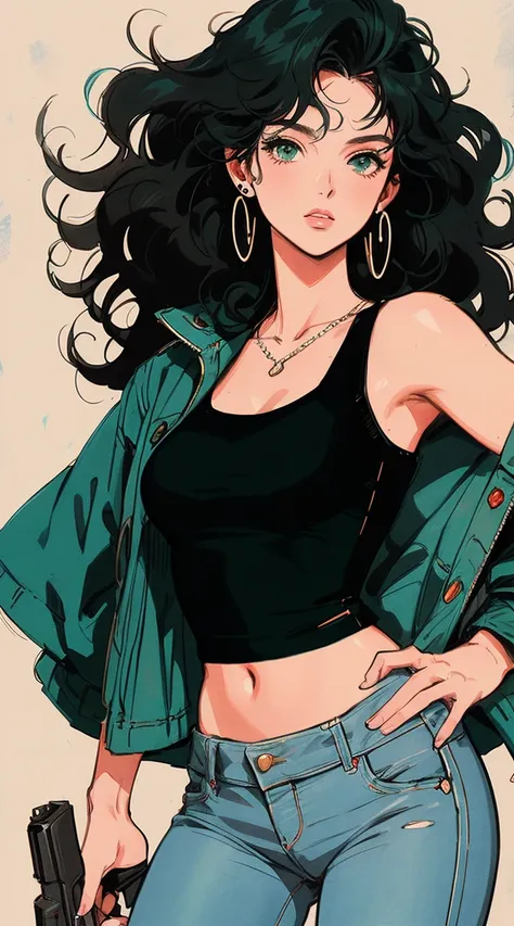  Anime de los 90, Illustrator, realistic,sketch , 1 person, Beautiful, georgeous Girl, thin earrings , lip, jeans, black tank-top, Green Militar Jacket, bling-bling,  curly Hair , she is standing with a gun in hands, pose sexy, Texture Cutout , ( masterpie...