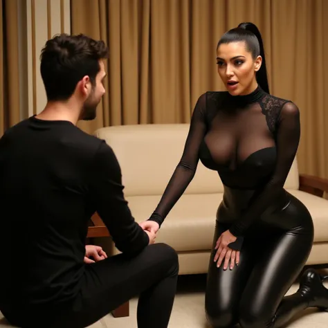 Kim Kardashian front view with straight black hair in a ponytail in a very tight lace shirt and in a very tight black spandex leggings, huge breasts, wide hips, kneeling in a hotel room , you can see her whole body , she wears black high heels, back view A...