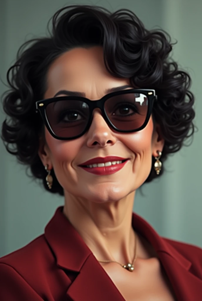  50-year-old woman . Black and short curly and curly hair. with sunglasses