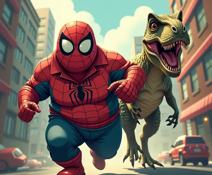 Play Fat Spiderman with a tight polo shirt and being chased by a velociraptot