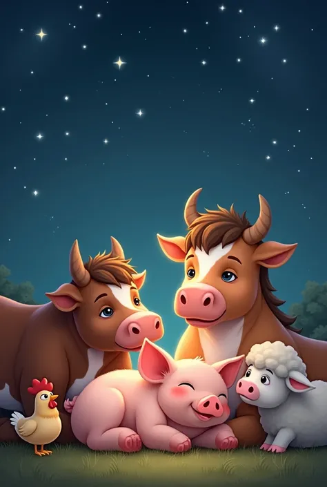 The baby piggy sleeping happily in the arms of the pearl sow ,  surrounded by animals , The cow, the horse, the chicken and the sheep animated by a sky full of stars