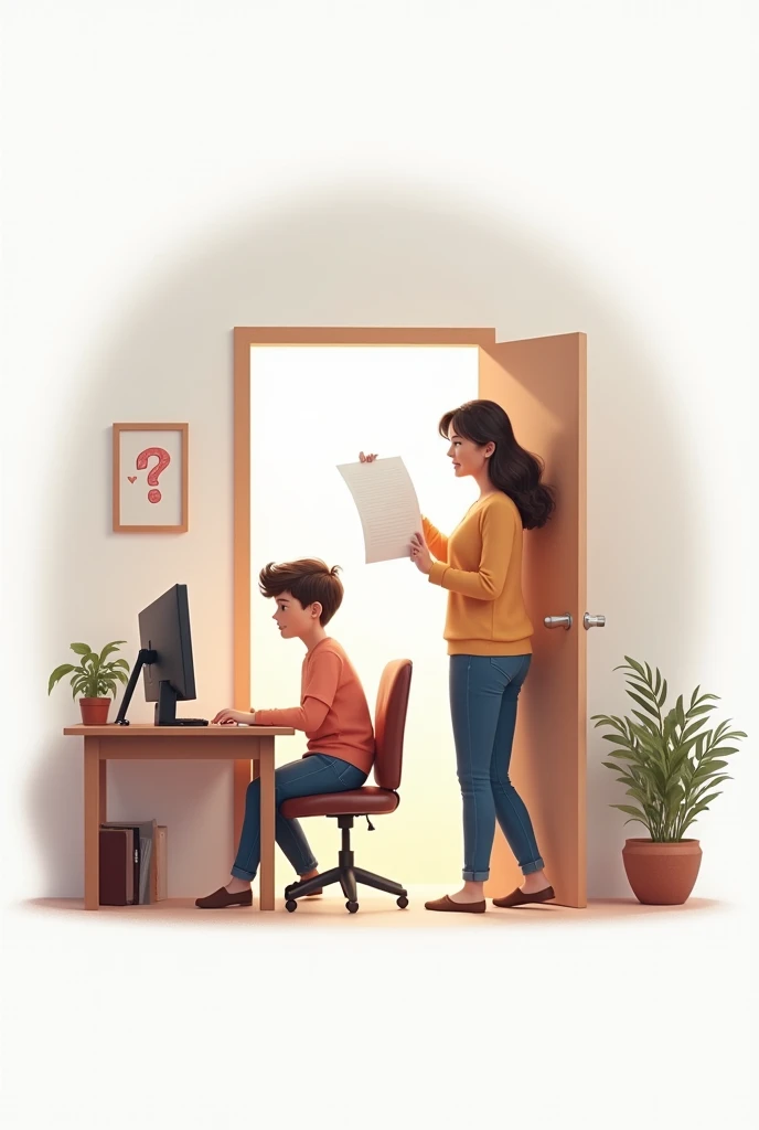 Woman entering her sons room with a sheet and pen and the son is at his desk with the PC. With a white background and that you are entering through a door 