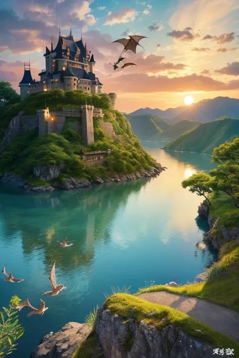 「浮遊するisland々 、 Please draw a fantastic scene where multiple dragons fly around。 The scene changes from night to day, and 、On the left, the full moon 、 you can see the sunset 。island々 has colorful trees 々 and rich greenery, and on the right 、 the castle is ...