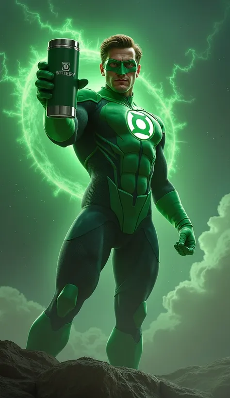 green lantern character holding a green travel mug stanley cup and pointing it at the camera, knee up image, outer space scene