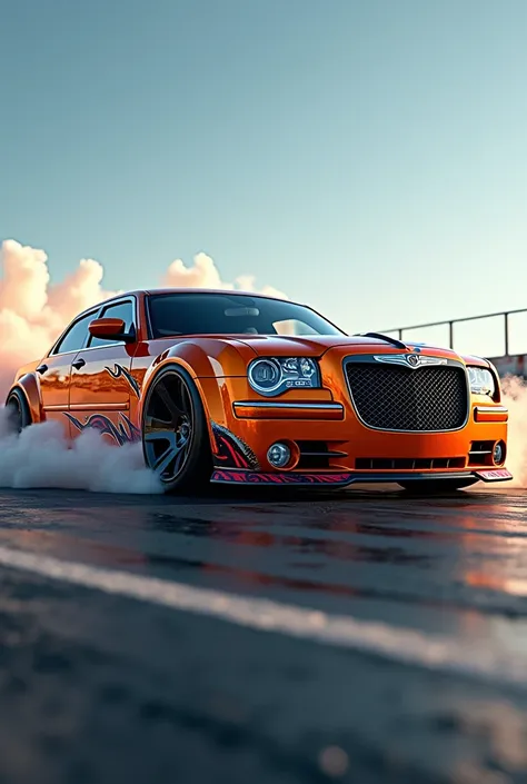 An ultra realistic photo of a 2005 Crysler 300c car as a flamboyant hotwheels on a racetrack bursting through the exhaust