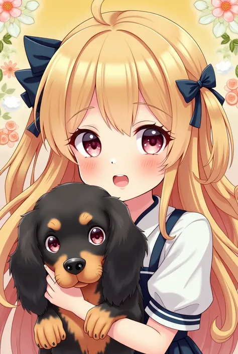 American Cocker Spaniel,Black Tan, sexy, 1 girl , Blonde,  twin tails,  smiles,  Japanese illustration style, 