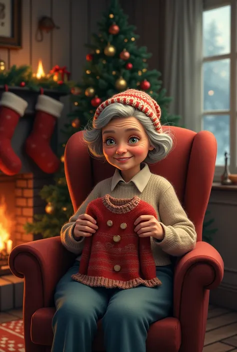 Disney Renaissance art style, old woman sitting in a chair, Christmas decorations, stockings, holding a sweater 