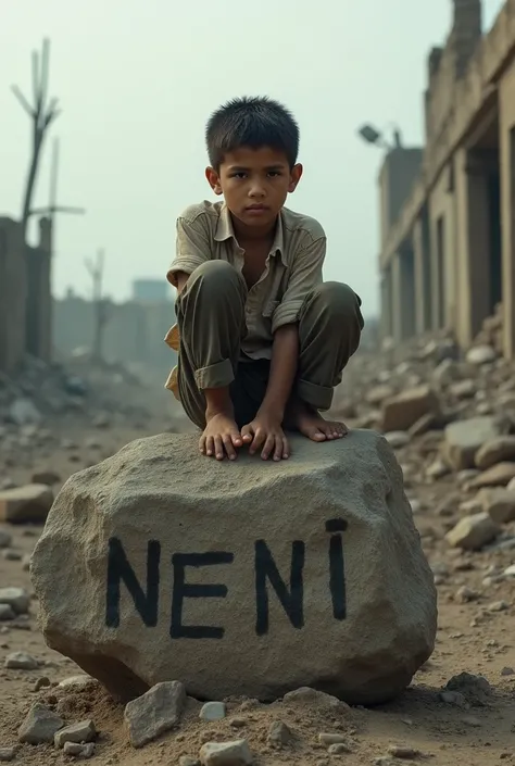  14-year-old boy sitting on a rock ,Showing a war scenario ,  and spelled the word NENI in capital letters