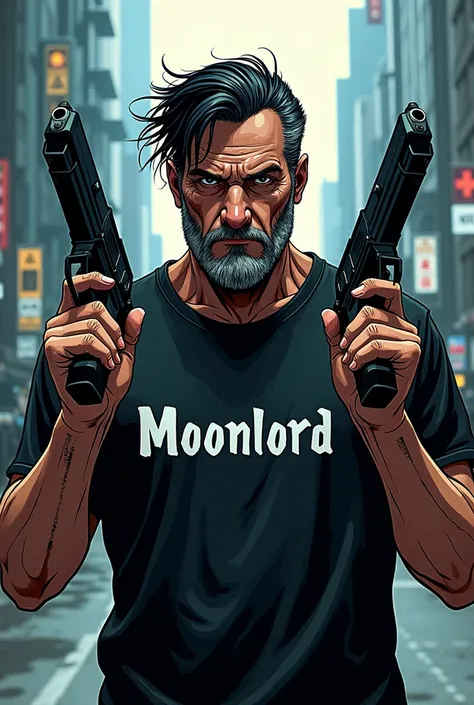  a man about 55 years old with black hair, who holds a pistol and one in his hand ,  in the other hand a pistol ,On his shirt is  "MoonLord " Android Jones, Comic-Cover,  cyberpunk type , Computer type  