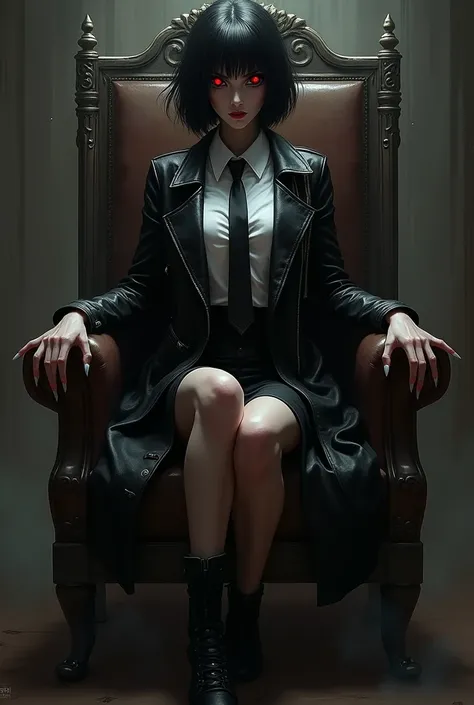 Dark skinned short haired female with
Glowing eyes (red pupils and black retina) ,
 fangs and claws and an intimidating aura 
around them while sitting on a throne with 
her
legs crossed, one arm on her face like an empress/queen wearing a long black leath...