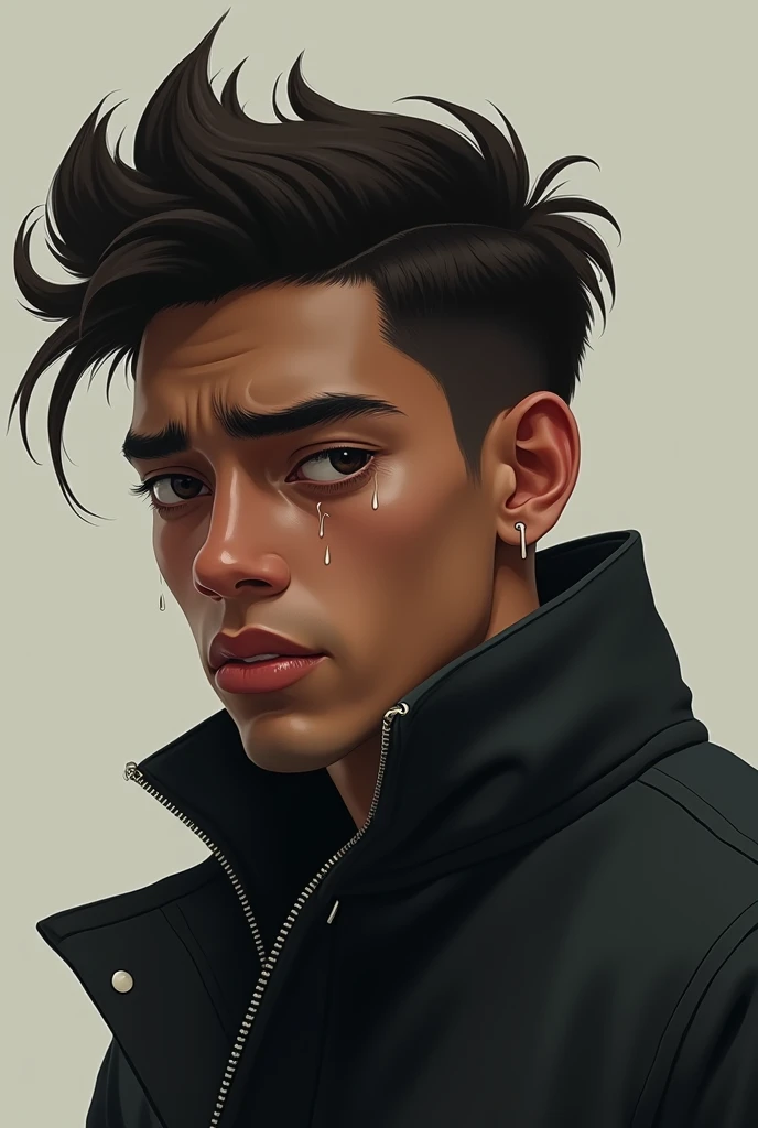 A young Man mixed-race Brazilian character with distinctive slanted eyes[2], wearing a black fitted Hype parka jacket[3]. The character has straight hair styled upward and swept to the left side, with tears streaming down their face showing a deeply sad ex...