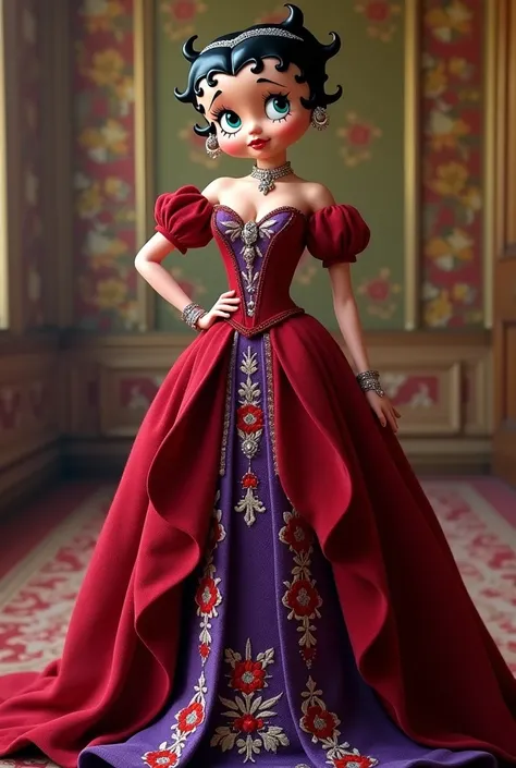 Betty boop, Queen， Wearing 18th Century French Palace Dress ，Velvet Red Purple， Skirt with Premium Embroidery on the Middle and Left and Right Side and Bottom，Overlapping layers on both left and right ， French Royal 18th Century Noble Style ， Wearing Diamo...