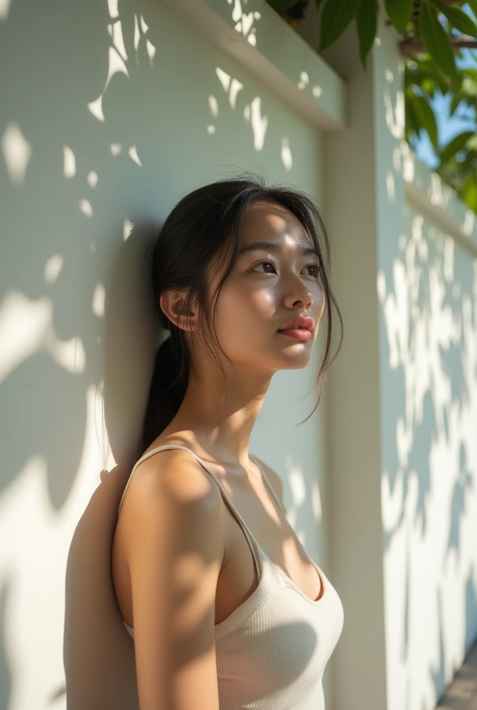 A close-up young thai woman standing gracefully against a white wall, her posture relaxed as dappled sunlight filters through the leaves above, casting soft shadows and patterns across her face and body. She gazes thoughtfully, with a serene expression, as...