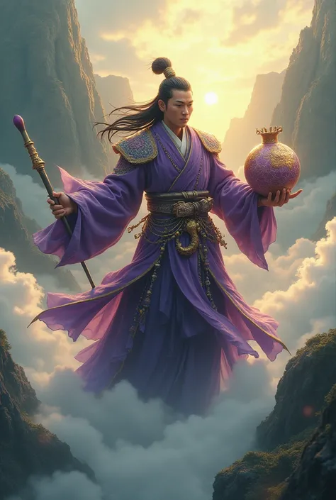 There is a powerful Asian man carrying a murder weapon，Hand holding a purple golden gourd ，Ride the clouds，Fairy air，From the fairyland of Chinese mythology ，Green water and green mountains，Kanayama Ginzan，  surrealism, Excellent lighting,,Sequins,  The ov...