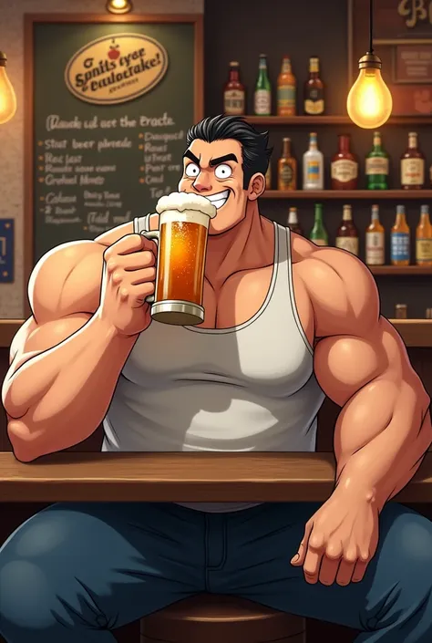 Big muscle anime cartoon is sitting happily drinking beer in a beer shop