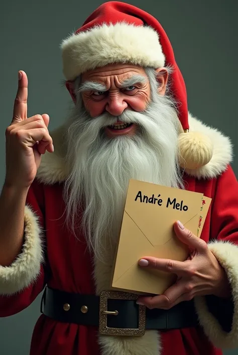 (photorealism:1.2),  an old Santa Claus dress showing his middle finger with one hand,  while holding an envelope written  "André Melo "  with the other 