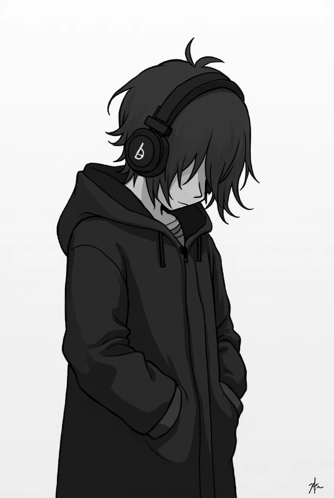 Create a black white pixel art about a boy who is wearing a black coat, hiding his eyes with hair and wearing black headphones. Hide the eyes. The avatar includes from his head to his shoulder. No eyes. Simple picture. No anime. Bowwing down, cant see his ...