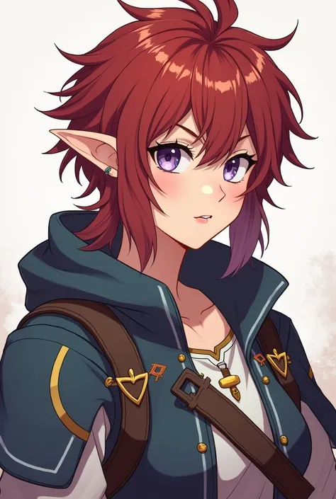 beautiful drawing, adventurers gear, androgynous half elf with short rounded pointed ears, lavender eyes smart, light hair below the shoulders combed back, fighter aesthetic, dark red hair, anime style, portrait, facing the camera, fluffy hair, 30 year old...