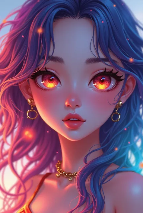 Close-up of a woman with  colorful  hair and necklace, 带有宇宙般头发的动漫女孩, Rossdraws&#39; soft vibrancy, Gouwez (Have) Artwork of style,  fantasy art style ,  colorful ], Vibrant dreamy style , Rossdraws充满活力的卡通, cosmic and  colorful , Gu Weiss,  colorful  digita...