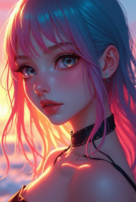 Close-up of a woman with  colorful  hair and necklace, 带有宇宙般头发的动漫女孩, Rossdraws&#39; soft vibrancy, Gouwez (Have) Artwork of style,  fantasy art style ,  colorful ], Vibrant dreamy style , Rossdraws充满活力的卡通, cosmic and  colorful , Gu Weiss,  colorful  digita...