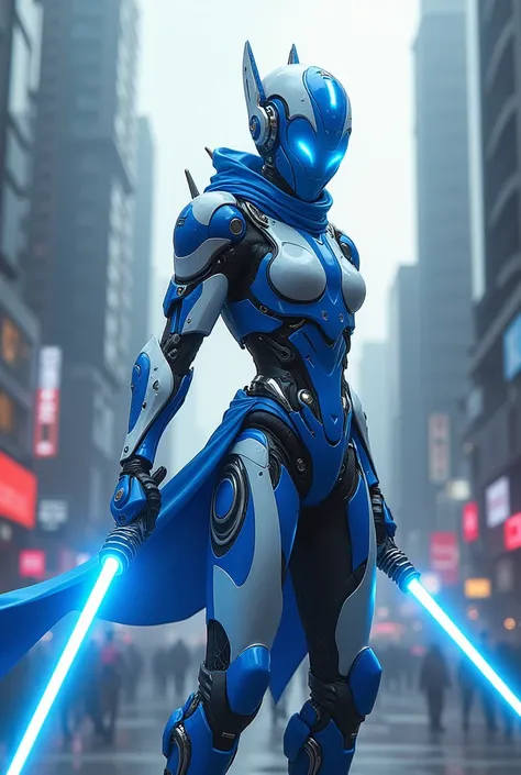 Ninja with blue and white robotic armor. Blue blue eyes. Hold two light swords . in the futuristic city