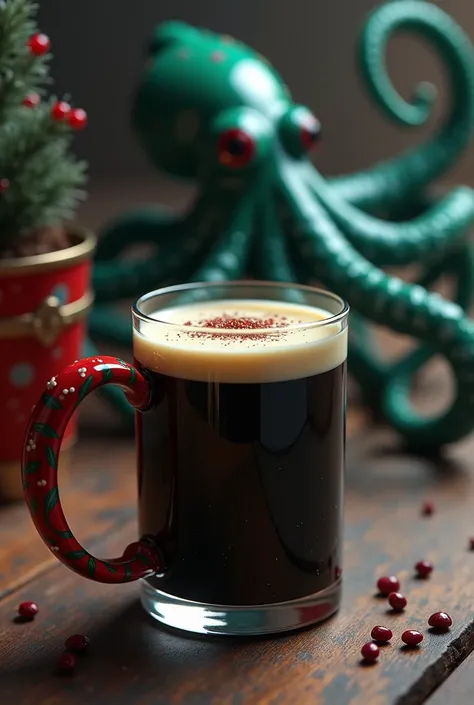 A glass of eggnog with a dark, squid-ink color served in a festive Christmas mug. there is a squid on the table behind the glass. 